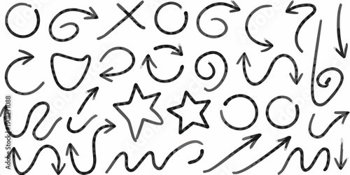 Hand drawn doodles featuring arrows circles stars and various abstract shapes