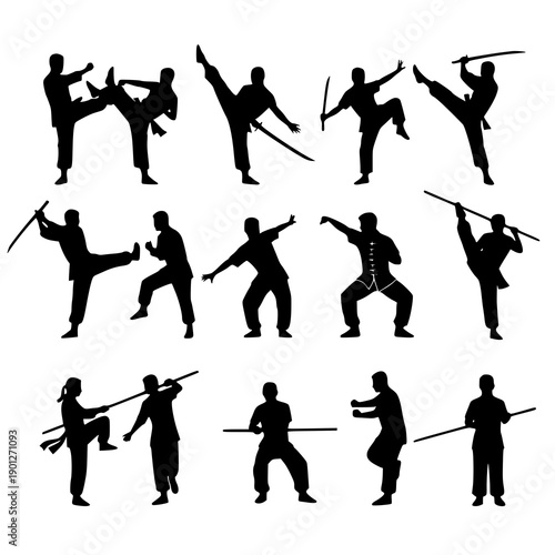 Wushu martial arts black silhouette vector illustration set