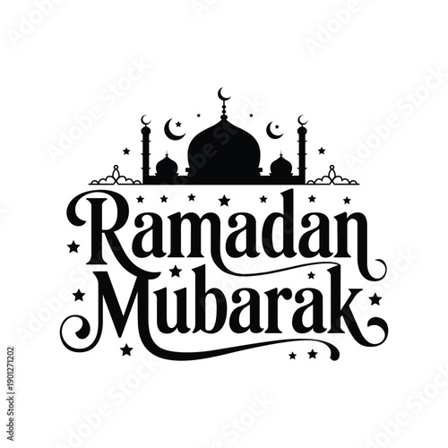 Ramadan Mubarak holiday greeting with mosque silhouette