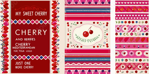 Colorful cherry patterns and designs on a striking vertical banner display