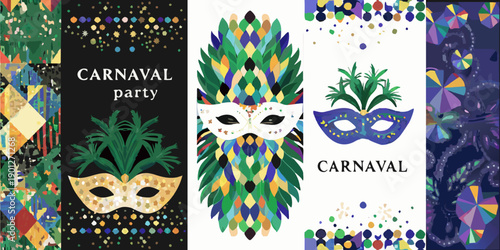 Colorful carnival themed backgrounds with masks feathers and palm leaves