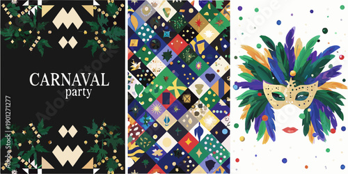 Colorful carnival background with masks feathers and confetti patterns for celebrations