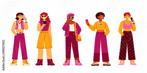 Diverse group of young women in stylish casual outfits standing together