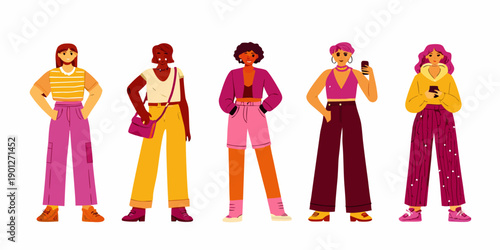 Diverse group of women standing together in fashionable modern clothing