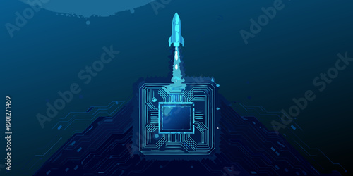 A futuristic rocket launching from a complex integrated circuit board design