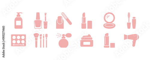 A simple collection of solid vector icons that are cosmetic-themed. It has icons for body lotion, nail polish, fingernail, and more.

