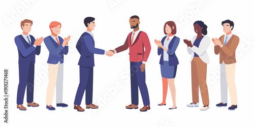 Diverse business team celebrating a successful agreement with handshakes and applause