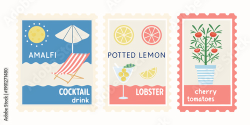 Colorful postage stamps depict summer themes like lemons cherries and beach scenes