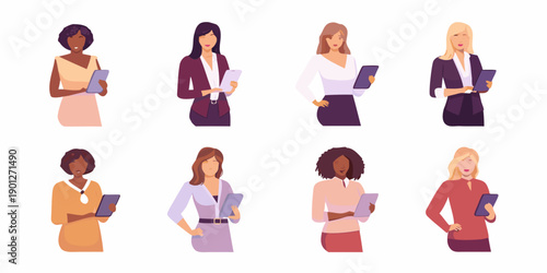 Diverse group of professional women holding tablets illustration style