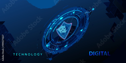 Futuristic digital shield with orbiting data streams and technology background