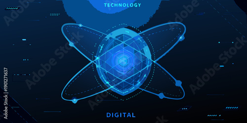 Abstract futuristic depiction of a glowing atomic structure with digital elements