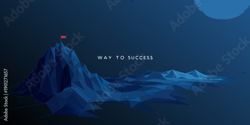 A polygonal mountain peak with a red flag symbolizing the way to success