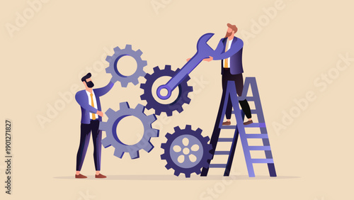 Business team collaborating on complex gears and machinery for problem solving