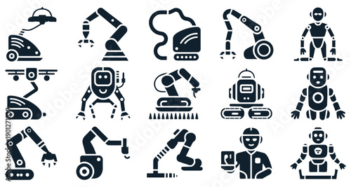 Robotic arm and automation technology icons set. Editable vector set.
