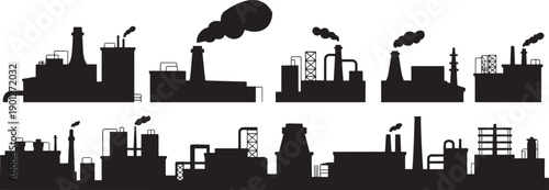 Two rows of various industrial factory and plant building silhouettes on a white background