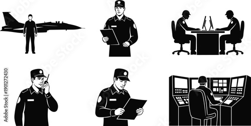 Military operations silhouette icon set, air force pilot, security officer, command center, defense control, surveillance, uniformed personnel, vector illustration, design