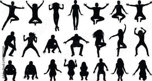 Silhouette set of diverse people jumping for joy, men and women in active motion celebrating, energetic figures hopping isolated on white background, vector