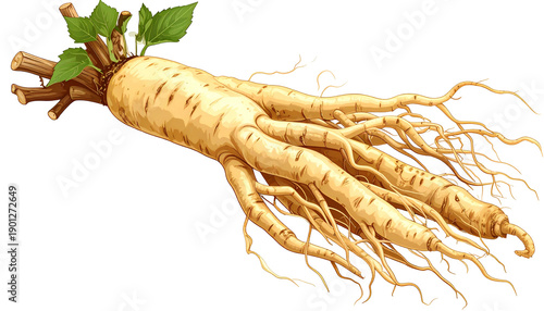 Detailed illustration of a ginseng root, showing leaves and many elongated rootlets