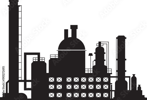 A detailed black silhouette of a large industrial factory with multiple towers and complex piping systems