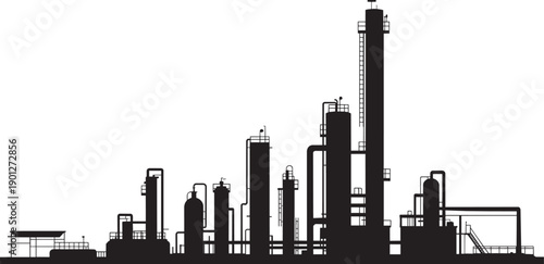 A detailed silhouette of a large petrochemical refinery plant with multiple towers and complex piping systems