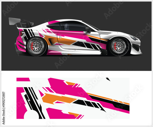 Car with pink orange and black racing stripes and decals