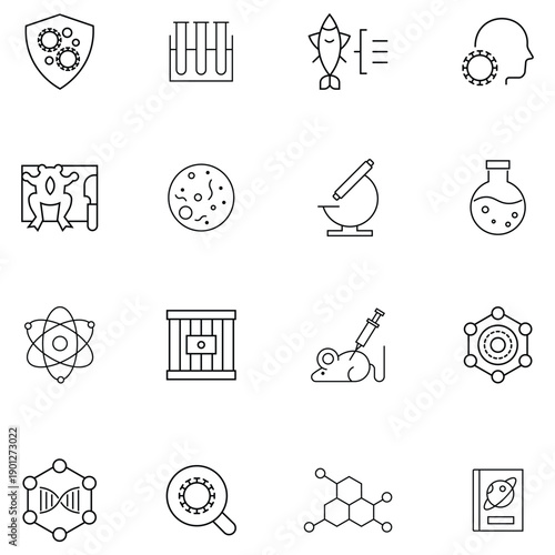 Collection of biology science icon set. Containing chromosomes, test tubes, genetic, DNA, microscope, molecule and more. Biology Science research outline icons set. Vector illustration.