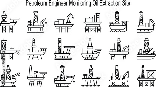 A grid of outline icons showing different offshore oil rigs and petroleum extraction vessels