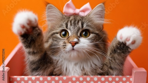 Playful kitten with pink bow in polka dot box on orange background