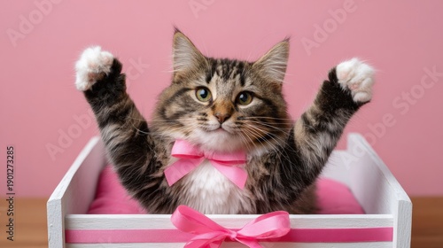 Fluffy cat with pink bow and raised paws in wooden box on pink background