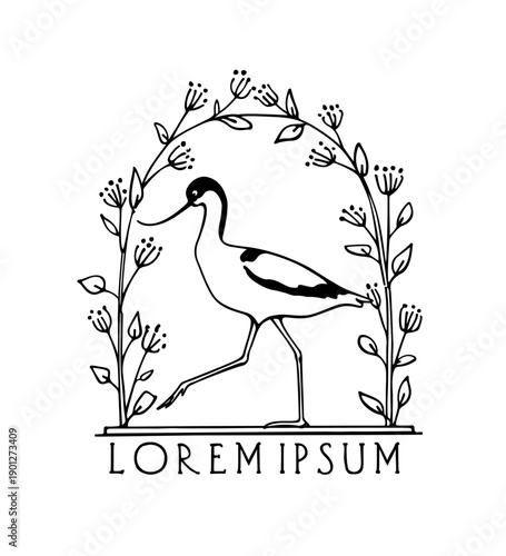 Vector card with hand drawn beautiful Pied Avocet in vintage floral laurel. Beautiful wildlife design elements, ink drawing, logo template