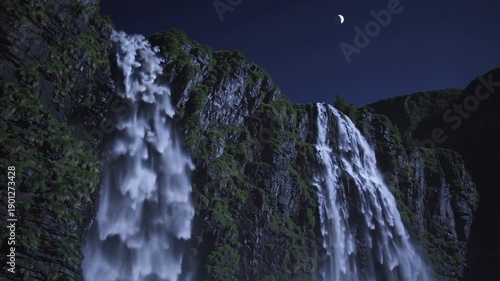 Wallpaper Mural Waterfall Cascade: The ethereal beauty of a cascading waterfall plunging dramatically, its waters illuminated by the soft glow of the moon. Torontodigital.ca