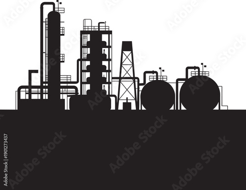 A strong black silhouette of an industrial chemical plant featuring tall columns and large spherical tanks
