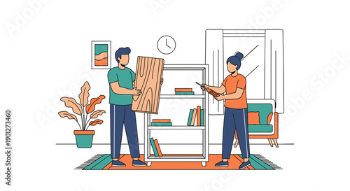 Two people assembling new furniture bookshelf together in a modern living room with a plant, rug, and window, illustrating teamwork and home improvement.