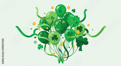 Green balloons, shamrocks, gold coins, and ribbons form a festive St. Patrick's Day celebration design on a light green background.