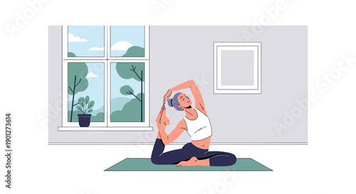 Woman practicing yoga pose on mat indoors, stretching her body in a peaceful room with a window view of lush green trees and blue sky.