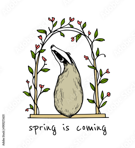 Vector card with hand drawn sweet badger in blooming floral arch made with ink. Perfect design elements, animal illustration