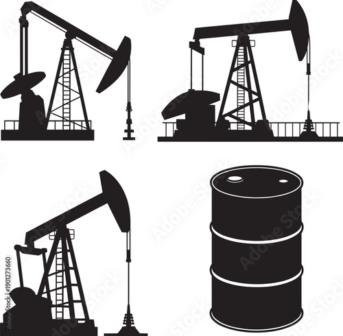 Black silhouettes of machinery for oil extraction and a large industrial storage drum