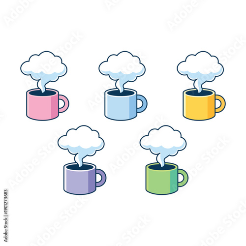  Set of Minimalist Vector Coffee Mugs with Cloud Steam Morning Hot Drink Icons