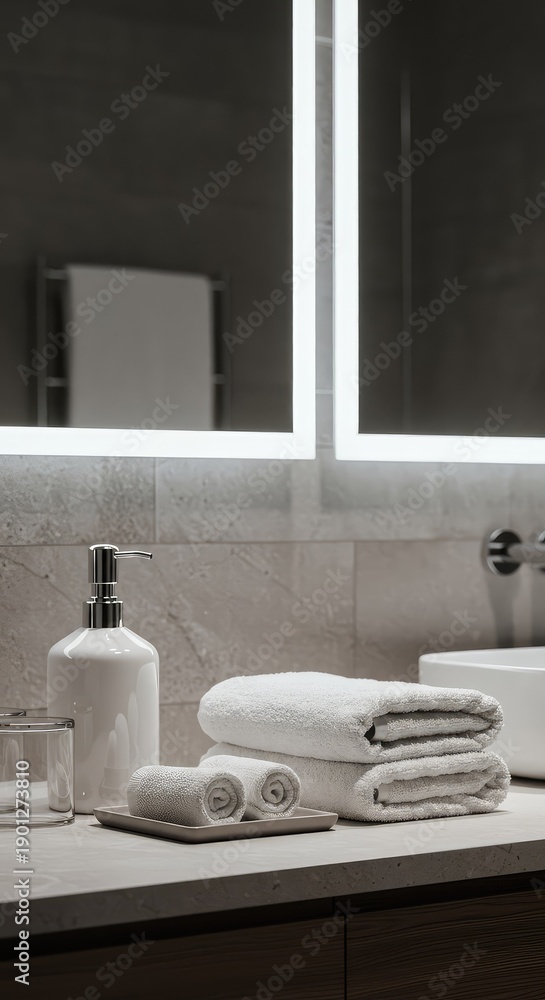 Fototapeta premium Contemporary bathroom counter setup featuring liquid soap dispenser, neatly folded white cotton towels, and a shiny ceramic washbasin ,dispenser ,sink ,vanity