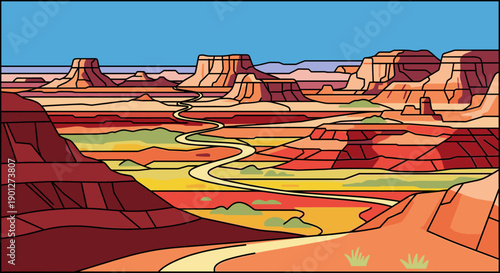 Vast desert canyon landscape with winding road illustrating the beauty of nature and geological formations under a clear blue sky.