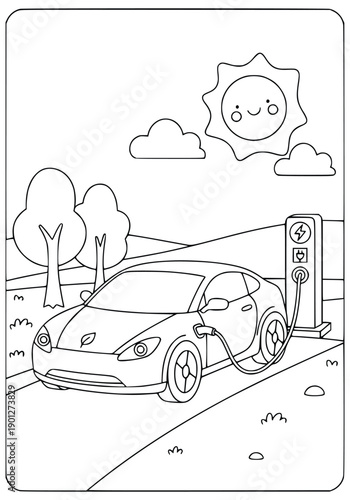 Electric car charging station coloring page with sun and trees for children