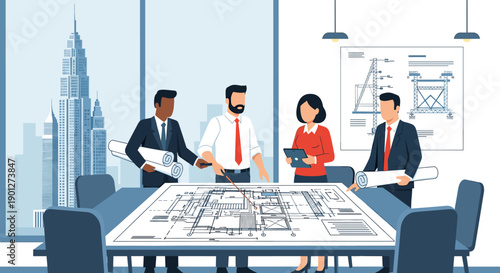 Four business professionals discussing architectural plans together at a large conference table in a modern office with a city skyline view.