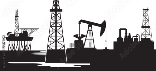 Black silhouettes of various oil and gas industry structures on a white background