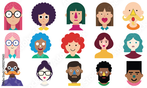Diverse cartoon faces with various expressions and accessories