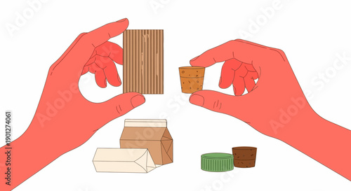 Hands Holding Eco-Friendly Packaging Materials: Cardboard, Cork, Carton. Sustainable Material Selection and Recycling Concept.