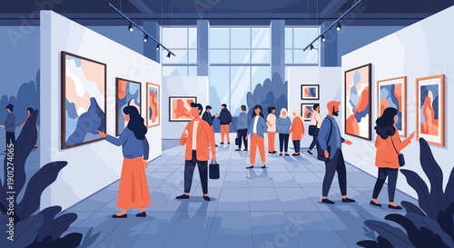 People viewing modern abstract paintings in art gallery with large windows and track lighting creating a bright, engaging atmosphere.