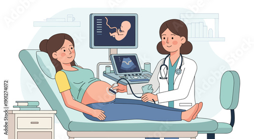 Pregnant woman receives ultrasound examination from doctor, happily viewing her unborn baby on the monitor screen during a prenatal checkup.