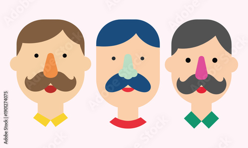 Colorful cartoon faces with creative mustaches and noses
