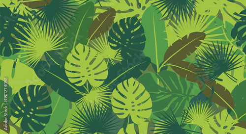 Vibrant green tropical leaves create a beautiful seamless jungle pattern design, perfect for summer backgrounds and exotic themes.