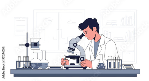 Young male scientist looking into a microscope, diligently conducting scientific research in a modern laboratory setting with glassware and equipment.